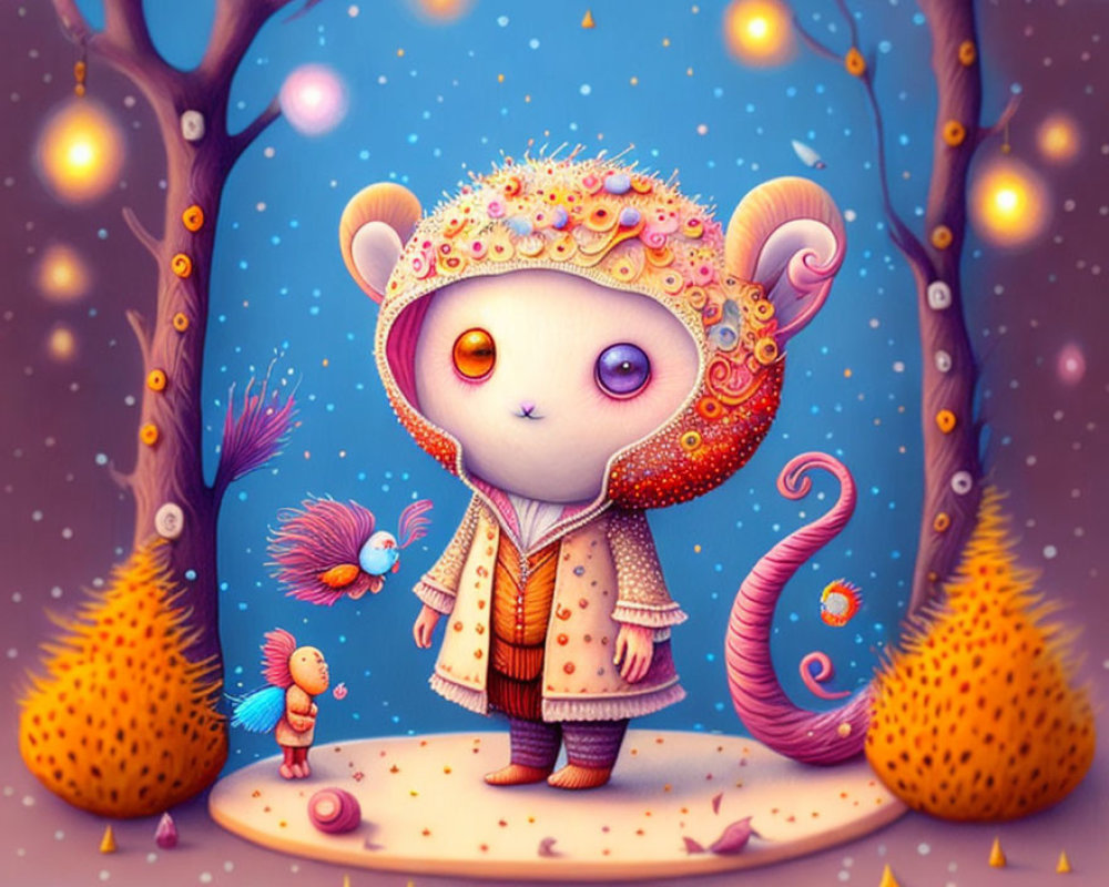 Whimsical character illustration with large head and fantasy creatures