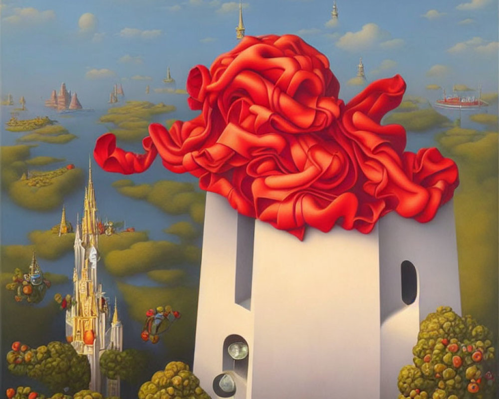 Surreal painting of white tower with red floral cap, green trees, golden fruit, ships,