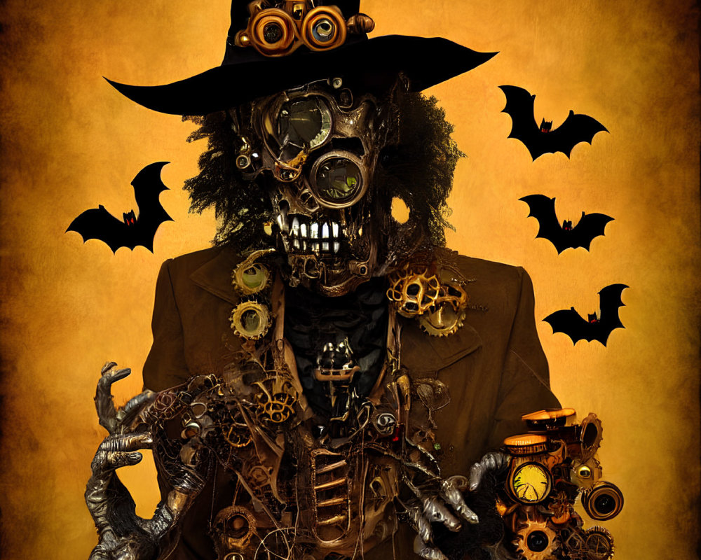Steampunk-themed skeleton with gears, top hat, goggles, suit, bats on golden background