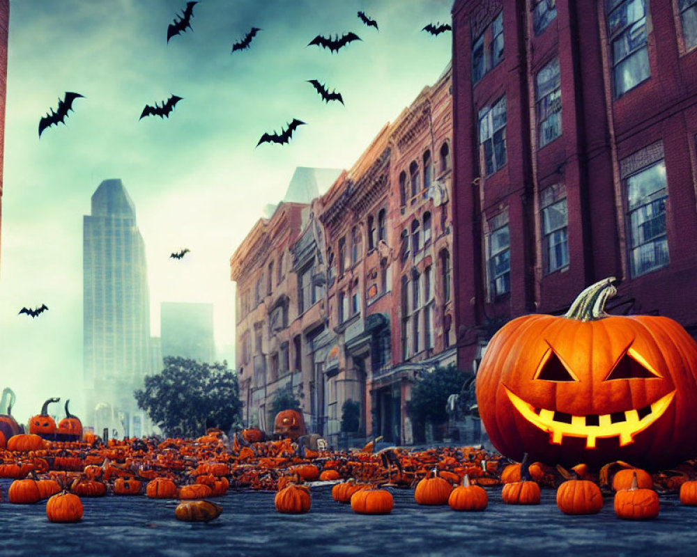 Spooky Halloween scene with carved pumpkin, small pumpkins, city buildings, and bats