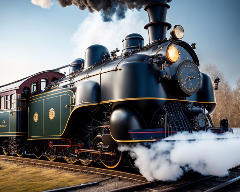 Vintage Black Steam Locomotive Emitting Smoke and Steam on Tracks at Dusk