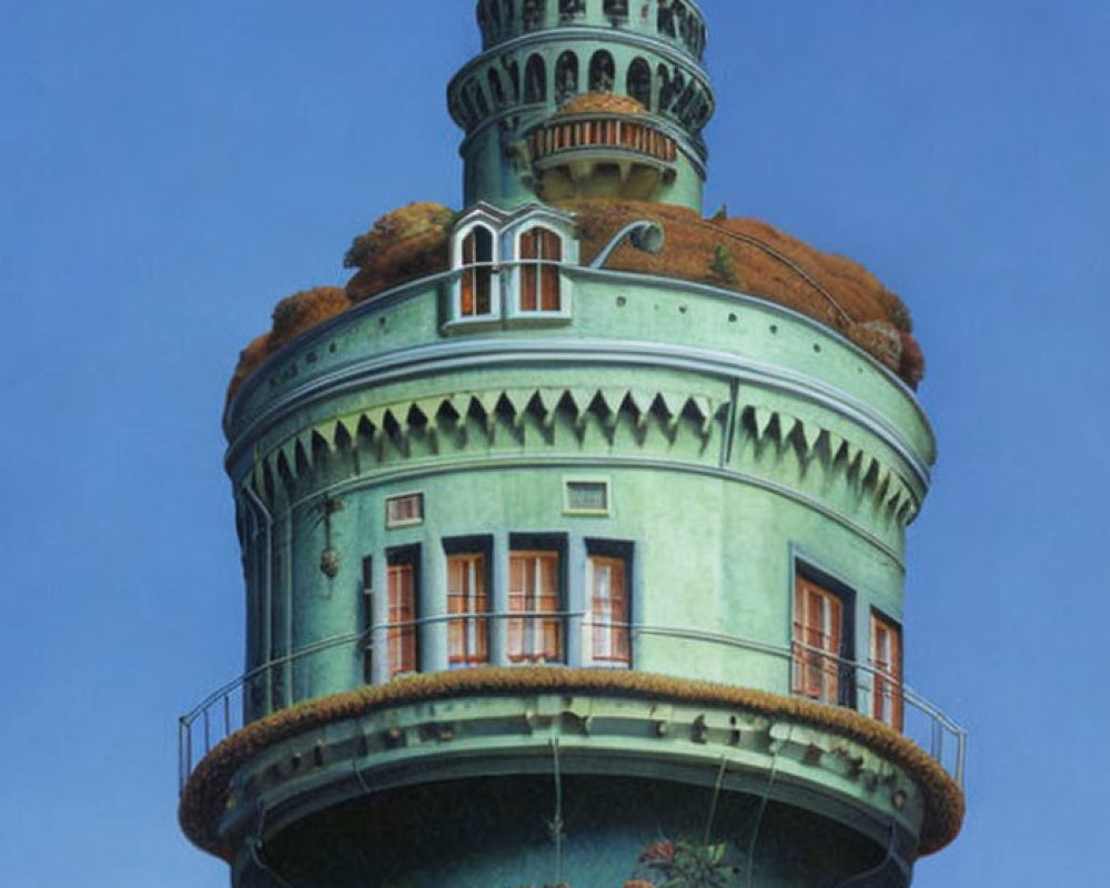 Whimsical painting of tall tower in lush landscape