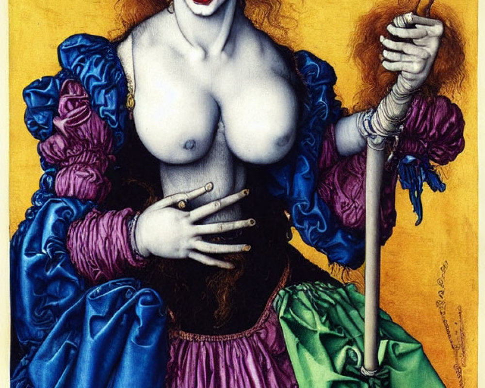 Surreal portrait of figure in clown-like face and renaissance dress