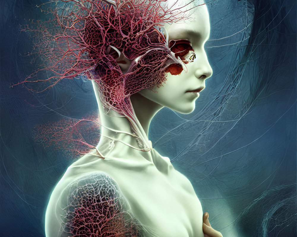 Humanoid Figure with Exposed Red Vascular Systems on Blue Background