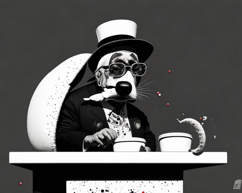 Anthropomorphic dog magician with glasses and top hat performing trick at table.