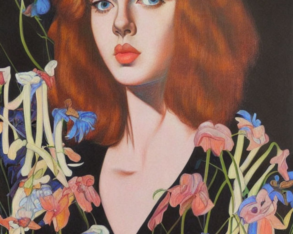 Portrait of Woman with Auburn Hair Among Colorful Flowers and Bird