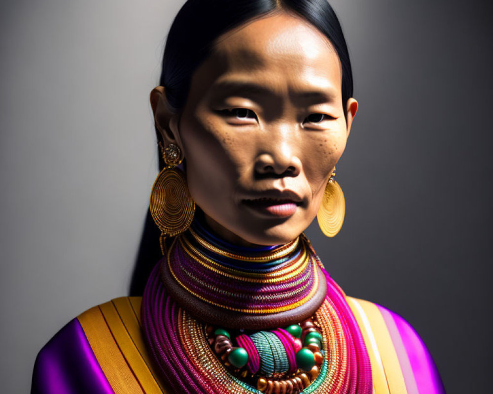 Freckled woman in gold earrings and bead necklaces on grey backdrop