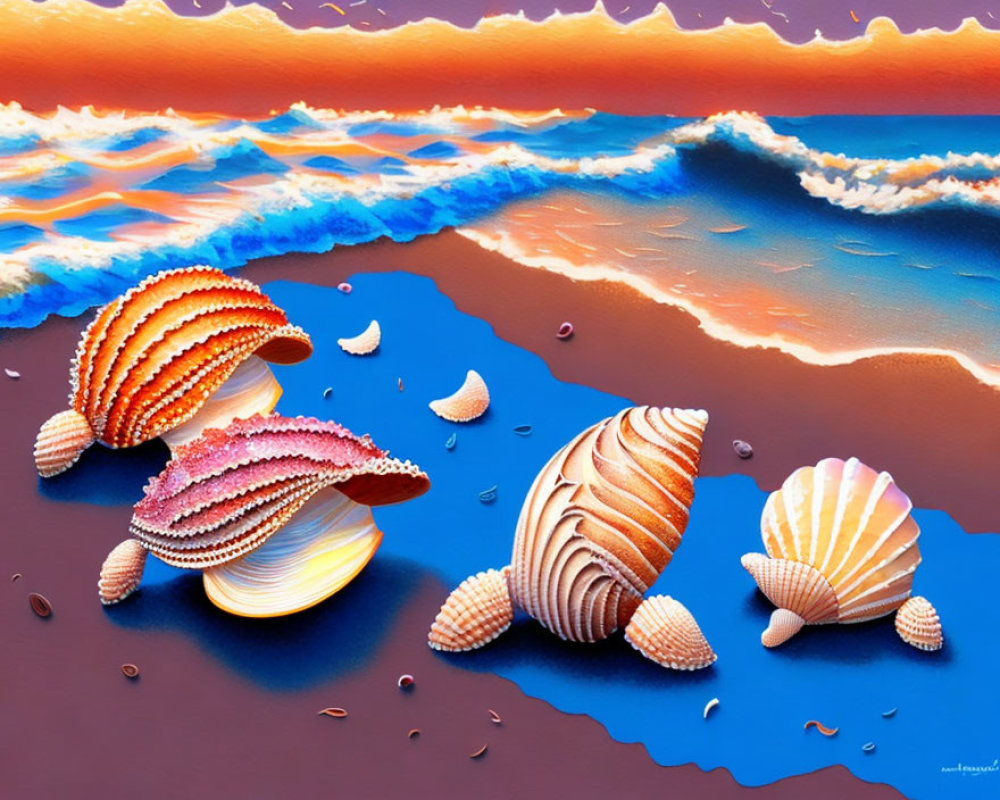 Vibrant Seashells on Surreal Beach with Colorful Sky & Reflective Water