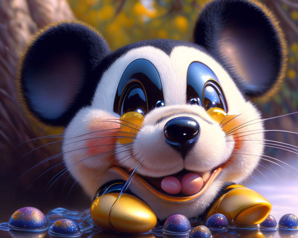 Stylized animated panda with glossy eyes among marbles and flowers