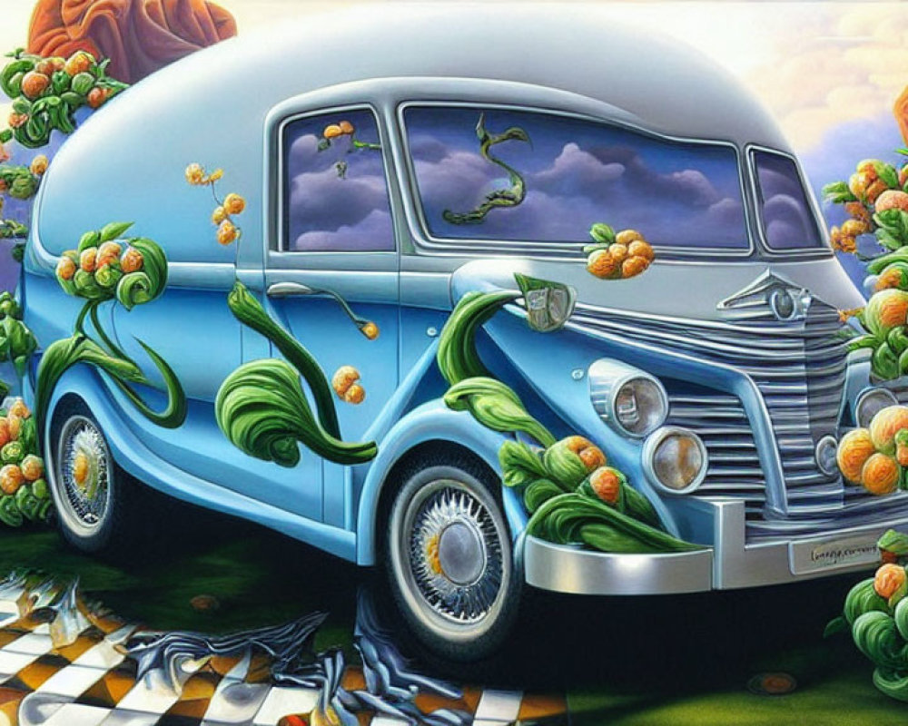 Surreal painting of classic van with organic shapes and fruit details