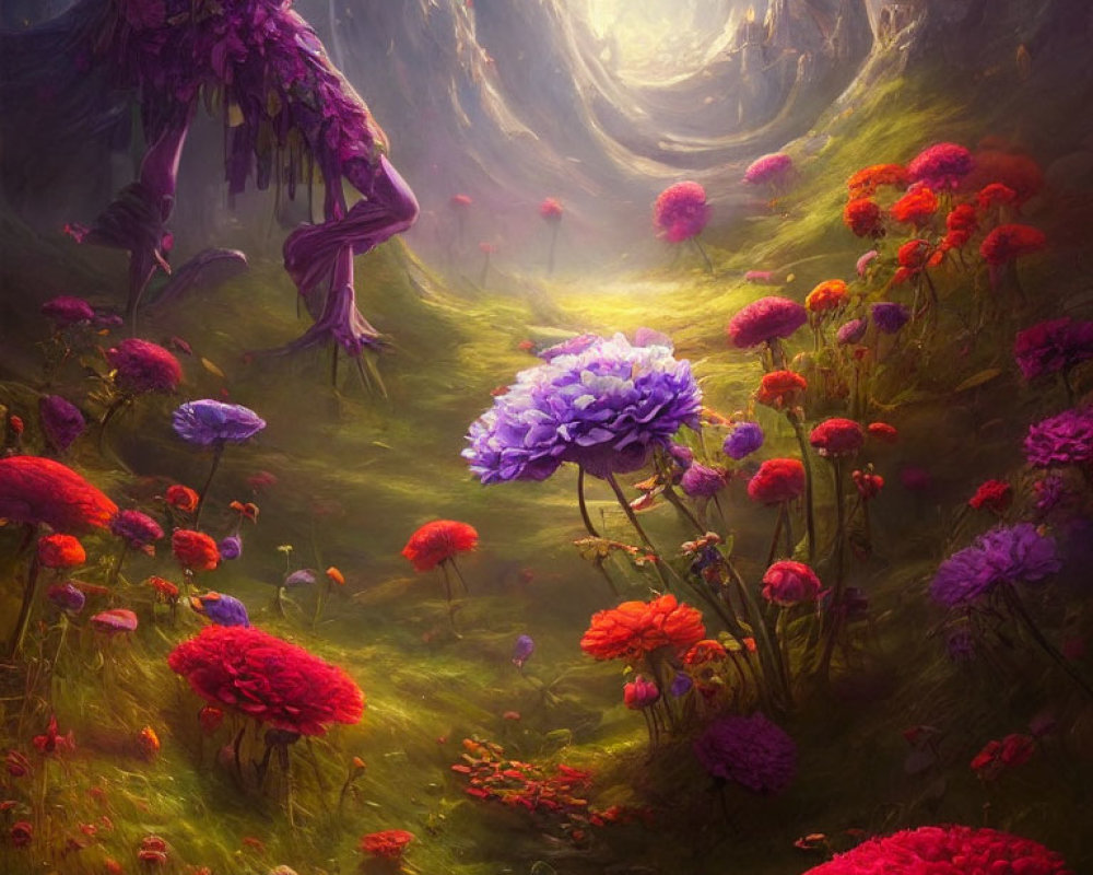 Colorful Fantasy Landscape with Luminous Flowers in Purple, Red, and Pink