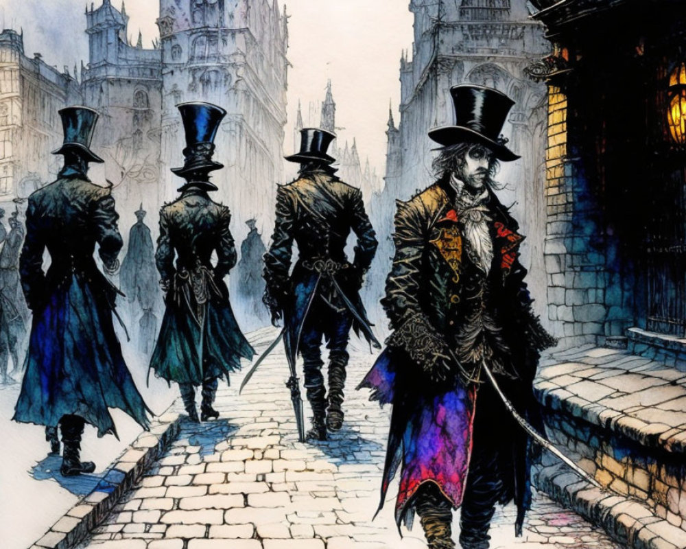 Victorian gentlemen in top hats walking on cobblestone street