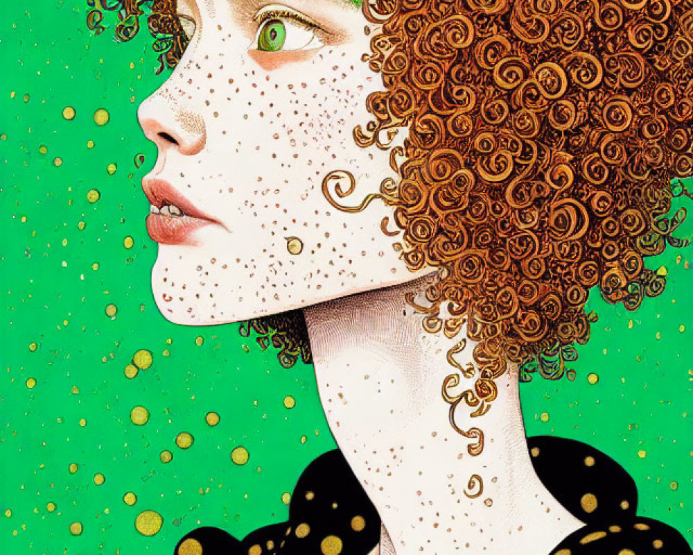 Red-haired woman with green eyes and freckles in black outfit on green background.