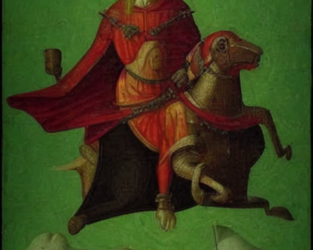 Medieval painting of red-armored knight on horseback with defeated foe, green backdrop