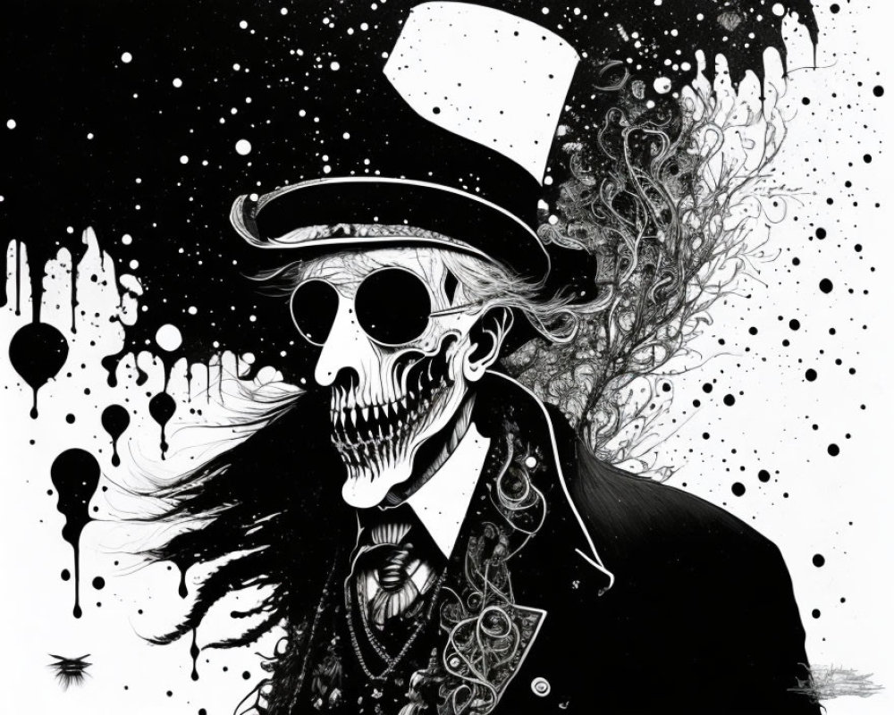 Monochromatic skeletal figure in vintage attire with top hat, surrounded by ink splatters and cosmic motifs