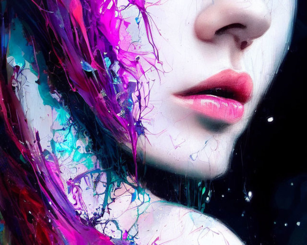 Abstract purple and cyan paint splashes on woman's face in close-up.