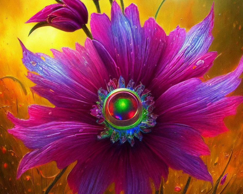 Colorful digital artwork: Purple flower with multicolored gem on golden background