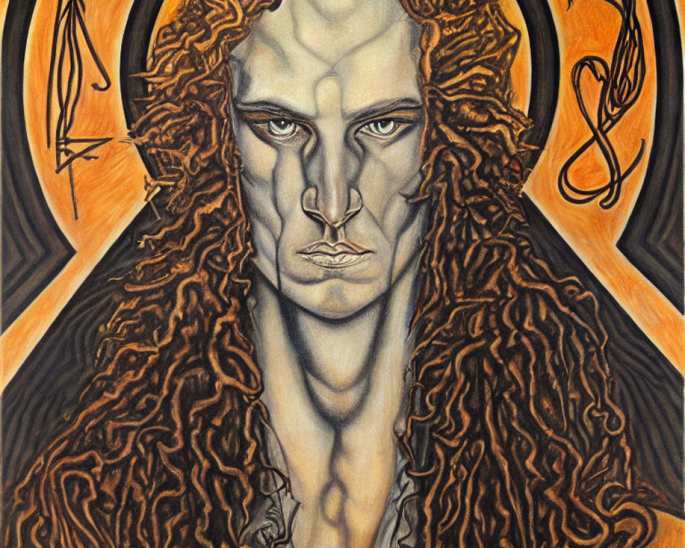 Portrait of a person with curly hair and pronounced features