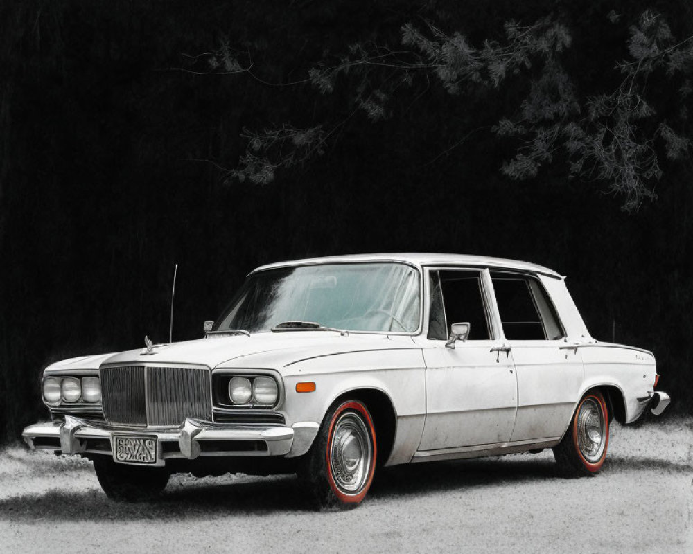 Monochrome vintage station wagon drawing with selective coloring on tires and trim