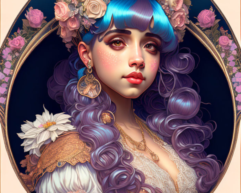 Illustrated portrait of woman with blue and purple hair, floral crown, gold jewelry, and white dress