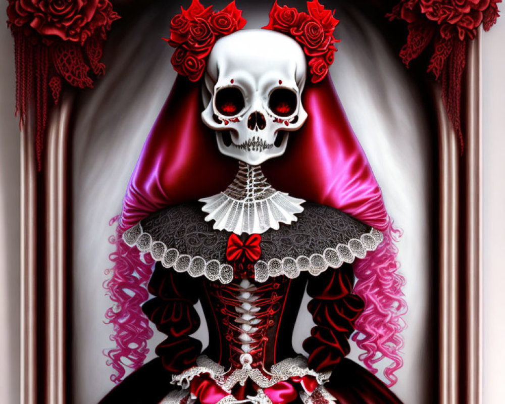 Skeleton in Gothic Dress with Rose Adornments on Flowing Background