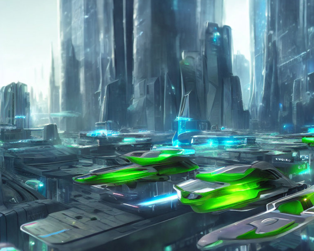 Futuristic cityscape with crystal skyscrapers and flying vehicles.