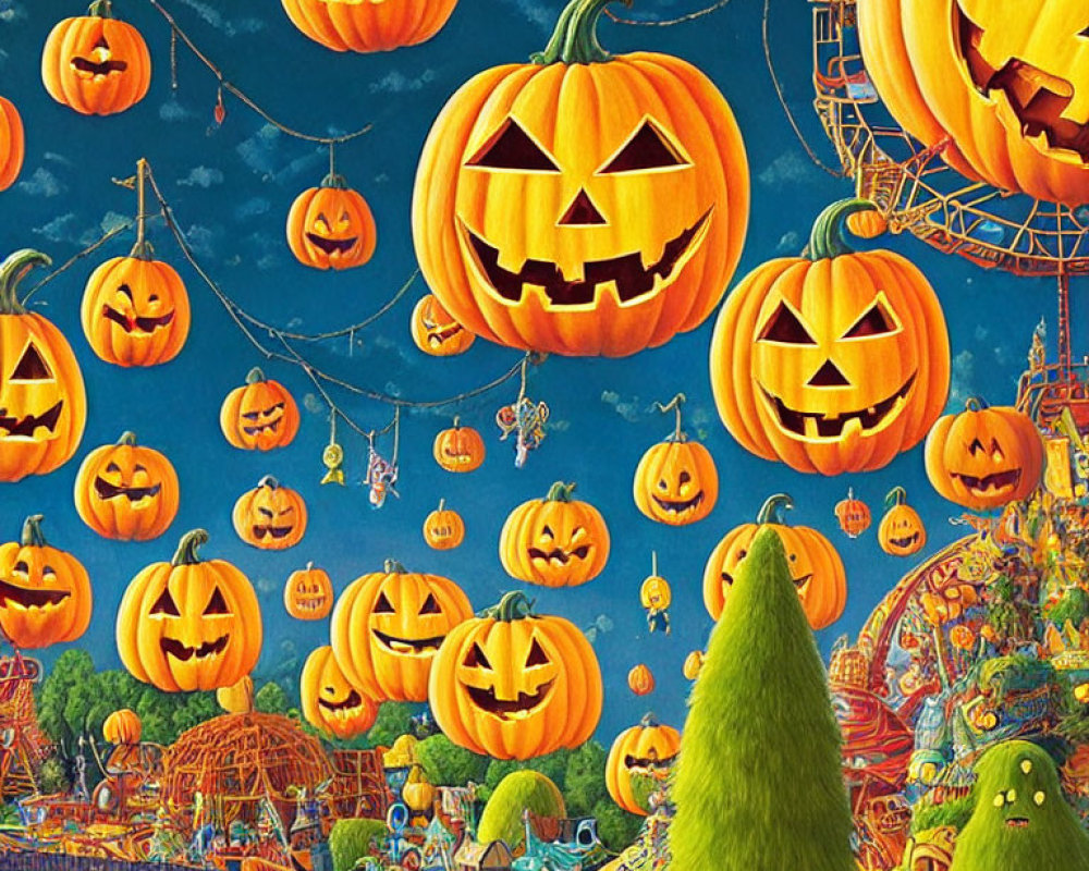 Colorful Halloween Illustration: Carved Pumpkins, Green Creatures, Amusement Park