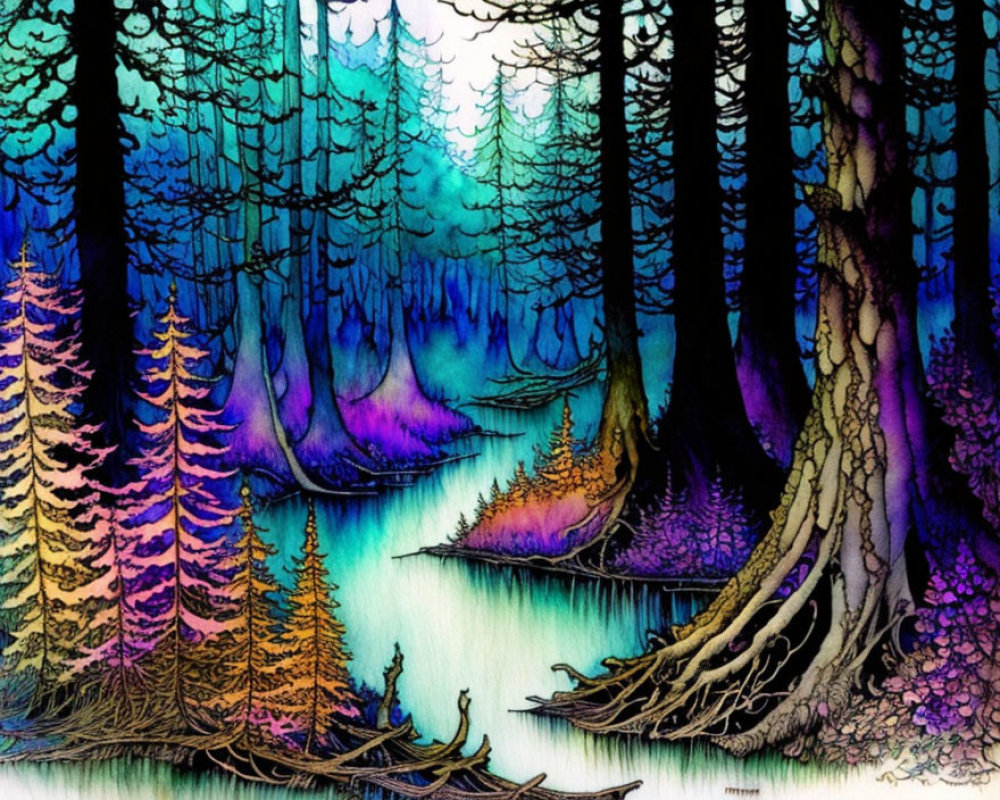 Colorful Watercolor Forest with Vibrant Blue, Purple, and Golden Hues