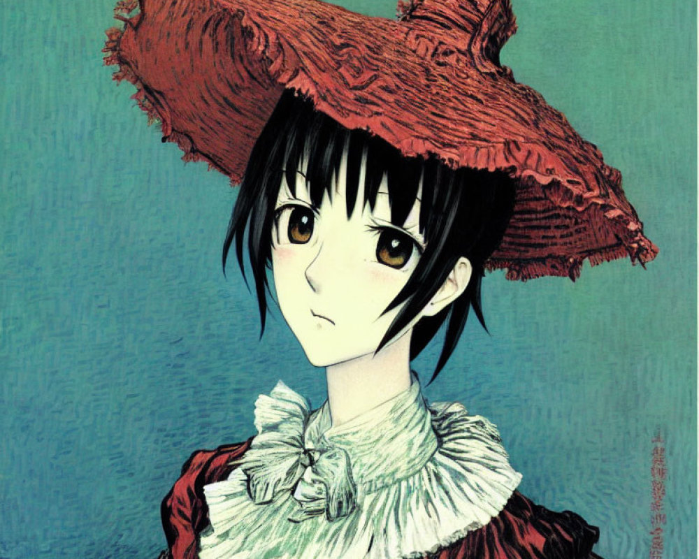 Illustrated girl with big eyes in red hat and frilly dress on blue background