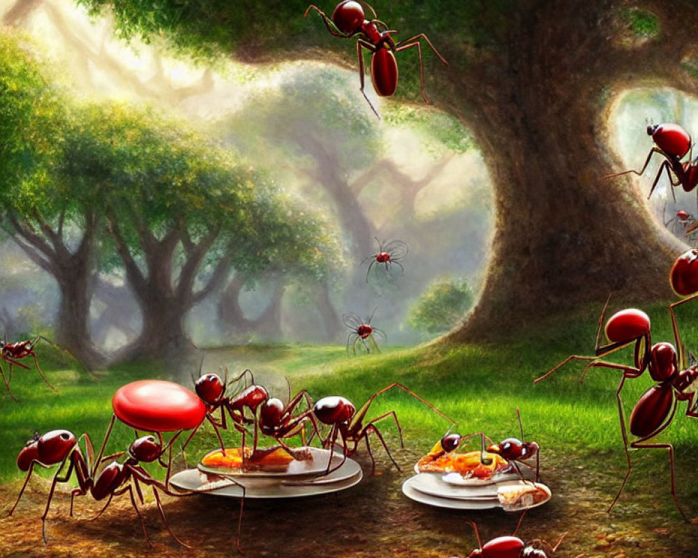 Illustration: Oversized ants at picnic in sunlit woodland