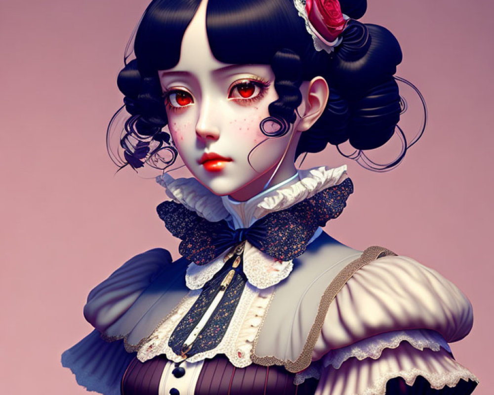 Stylized digital portrait of a girl with large eyes, dark hair in buns, red flower