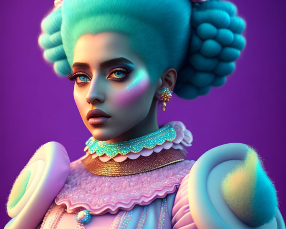 Vibrant Aqua Hair Woman in Detailed Pastel Clothing