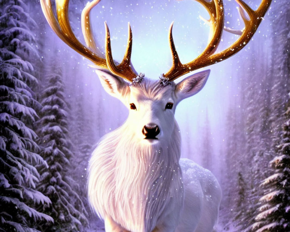 Majestic white stag with golden antlers in snowy forest