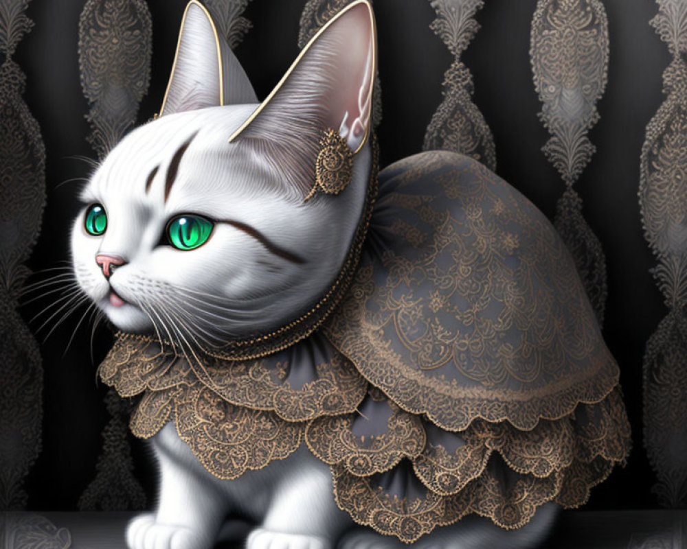 White Cat with Green Eyes Wearing Golden Jewelry and Lace Cape on Dark Background