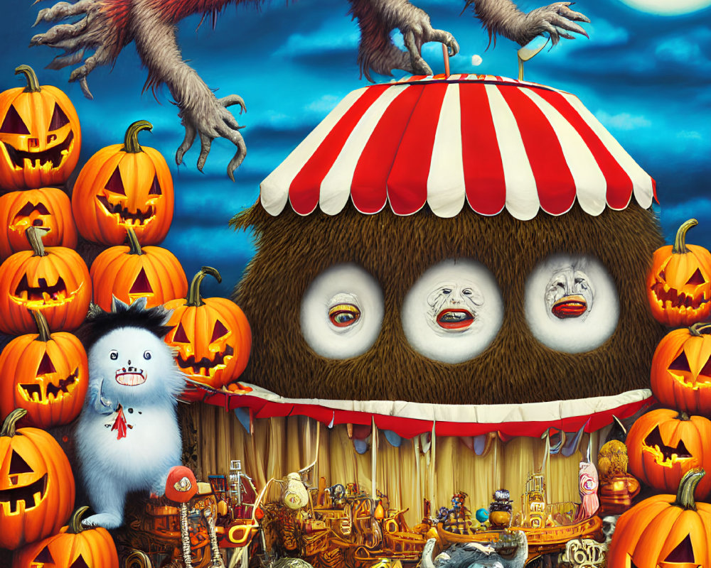 Whimsical Halloween Illustration with Furry Monster Booth