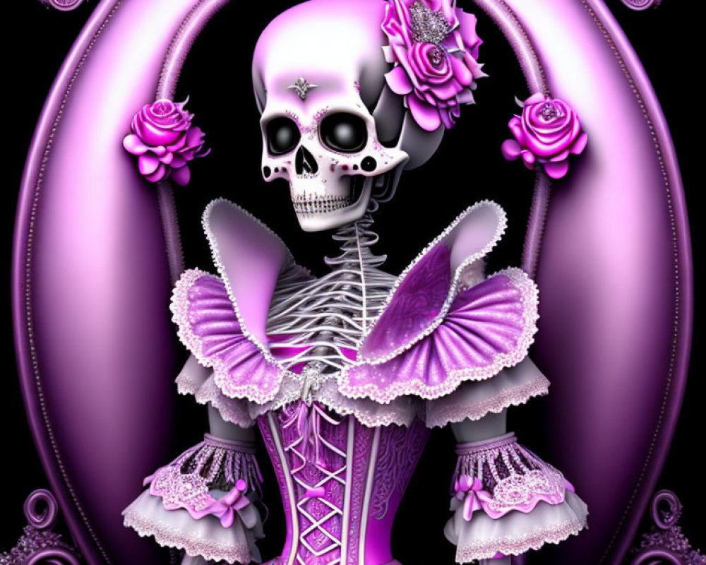 Skeleton Art: Decorated Skull with Roses in Purple Dress and Bow