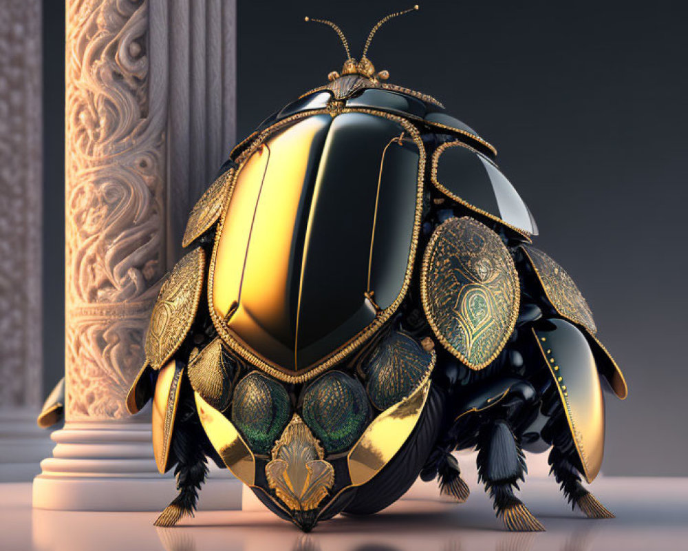 Golden Scarab Beetle Reflecting on Glossy Surface with Classical Architecture