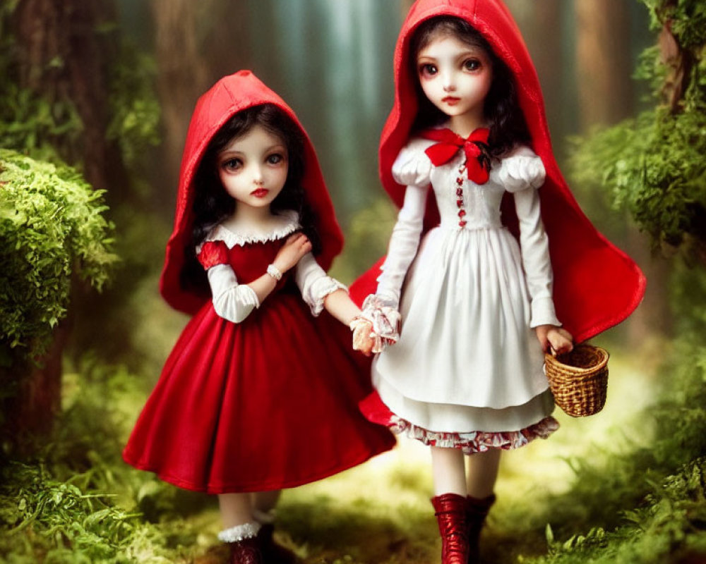 Dolls as Little Red Riding Hood in forest scene with trees and basket