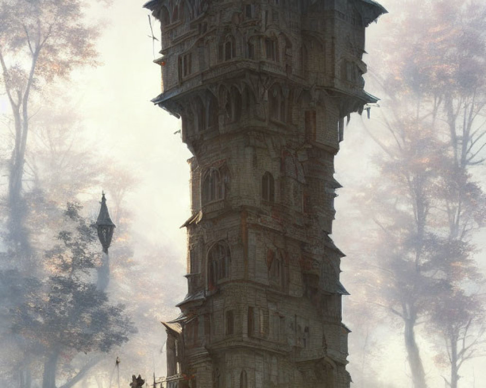 Misty forest scene with ancient ornate tower and bridge