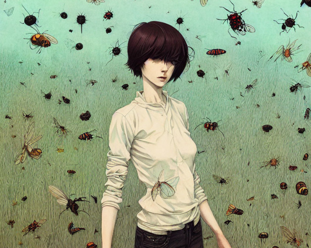 Bob Haircut Person in Surreal Field with Flying Insects