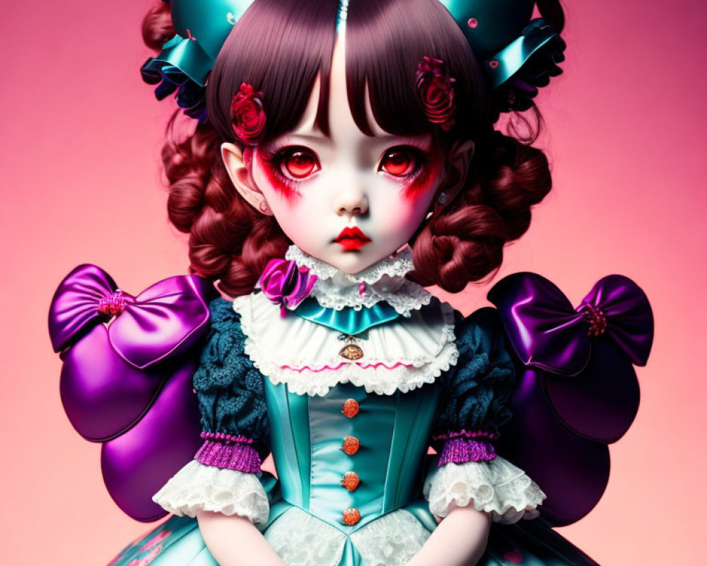 Digital artwork: Doll-like character with red eyes, blue dress, bows, and braided hair on