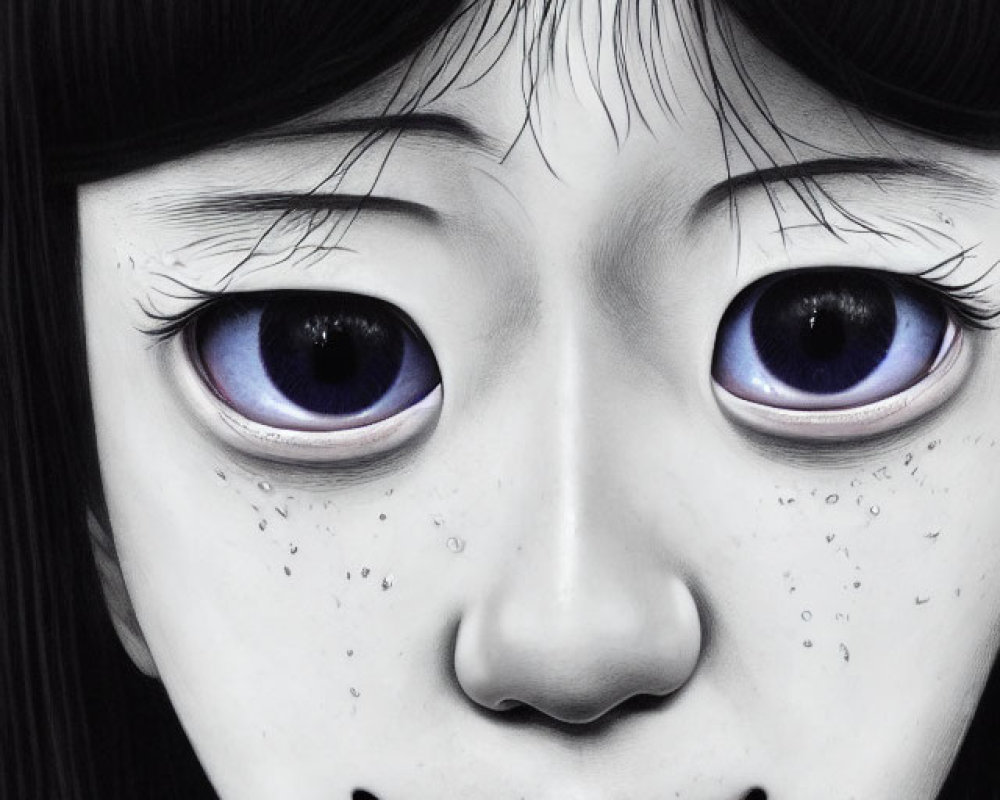 Monochrome drawing of girl with large purple eyes and freckles