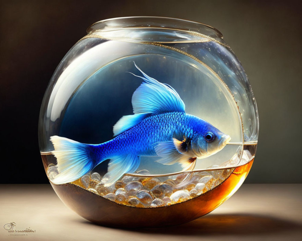 Blue and white fish in spherical fish bowl with pebbled bottom