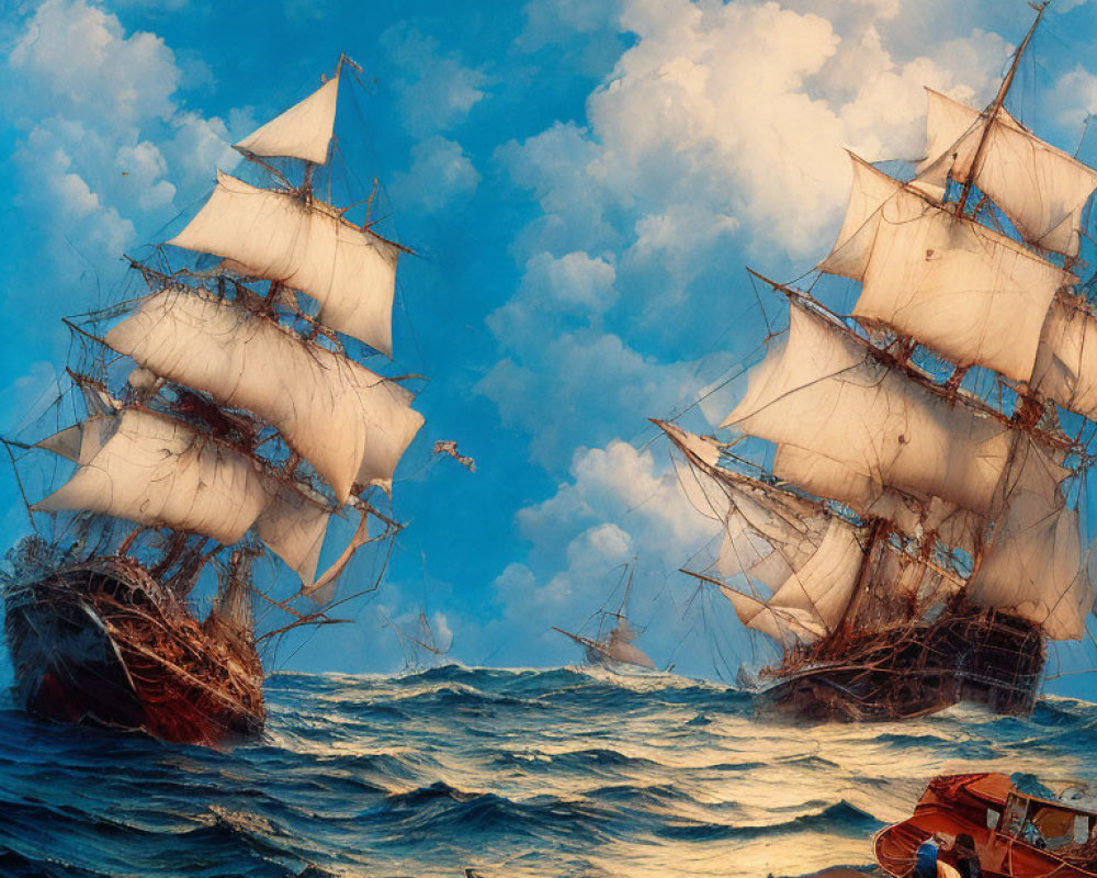 Majestic sailing ships in stormy seas with small boat and person.