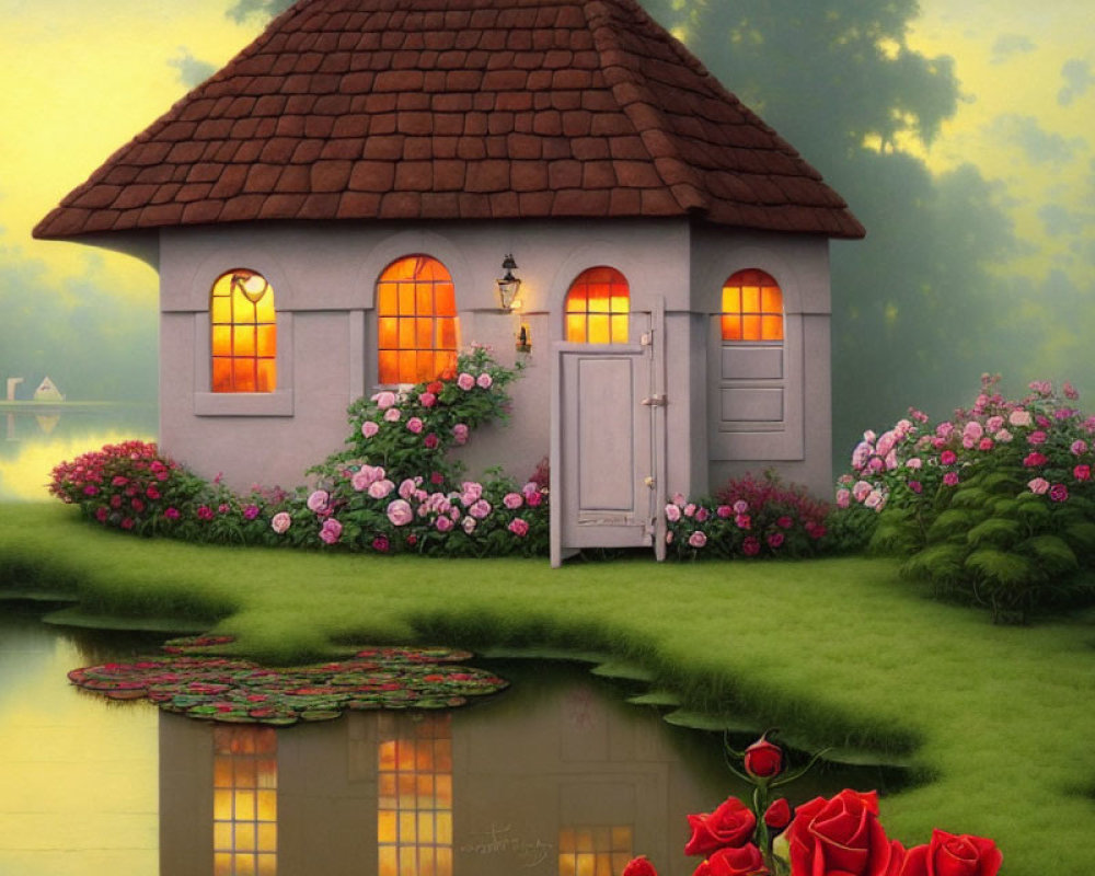 Thatched roof cottage with roses by serene pond at dusk