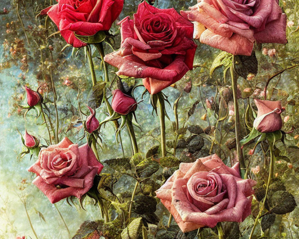 Blooming red and purple roses with green leaves on textured background