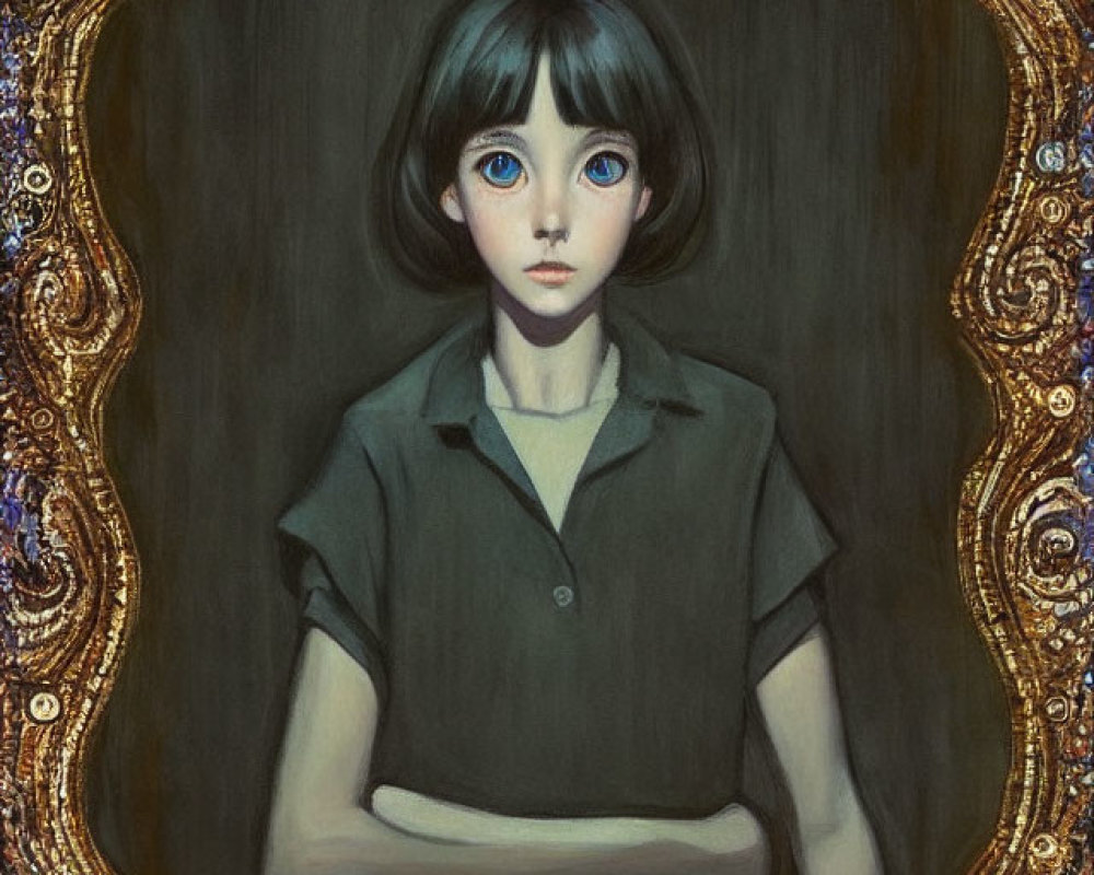 Portrait of a girl with big dark eyes and short black hair in a green shirt