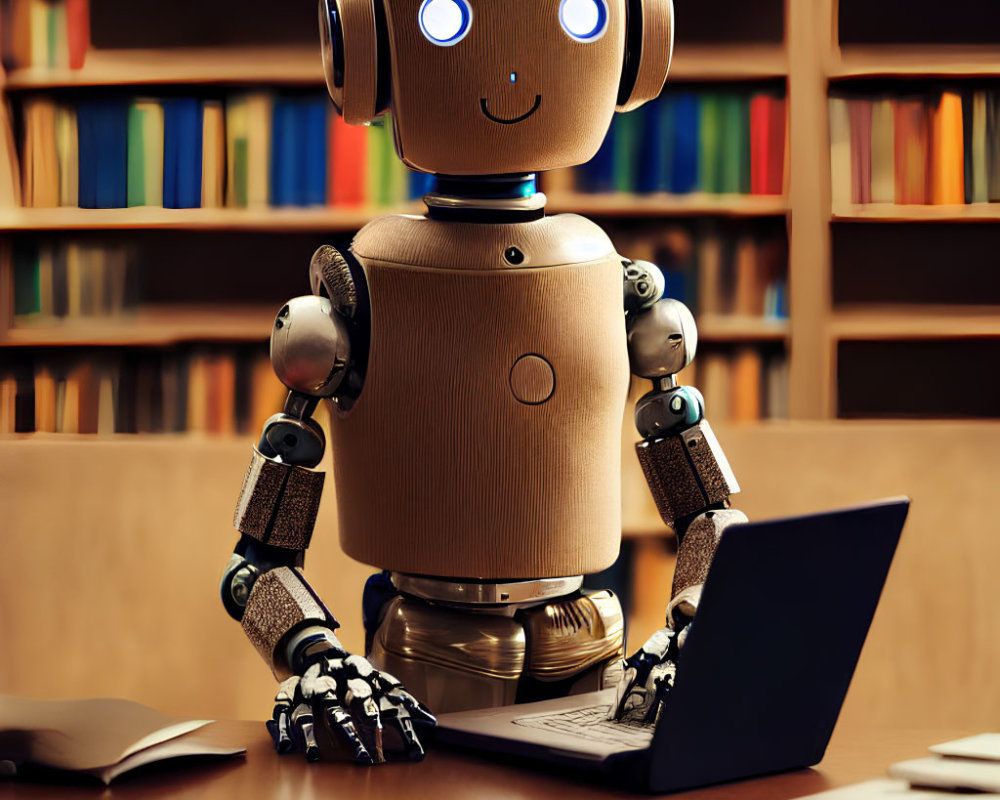 Wooden Robot with Blue Eyes Using Laptop at Desk with Bookshelves