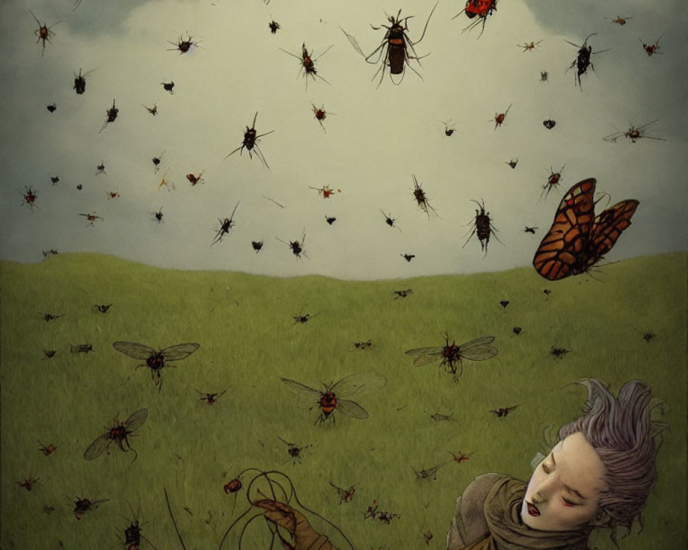 Person with closed eyes surrounded by whimsical insects in green landscape