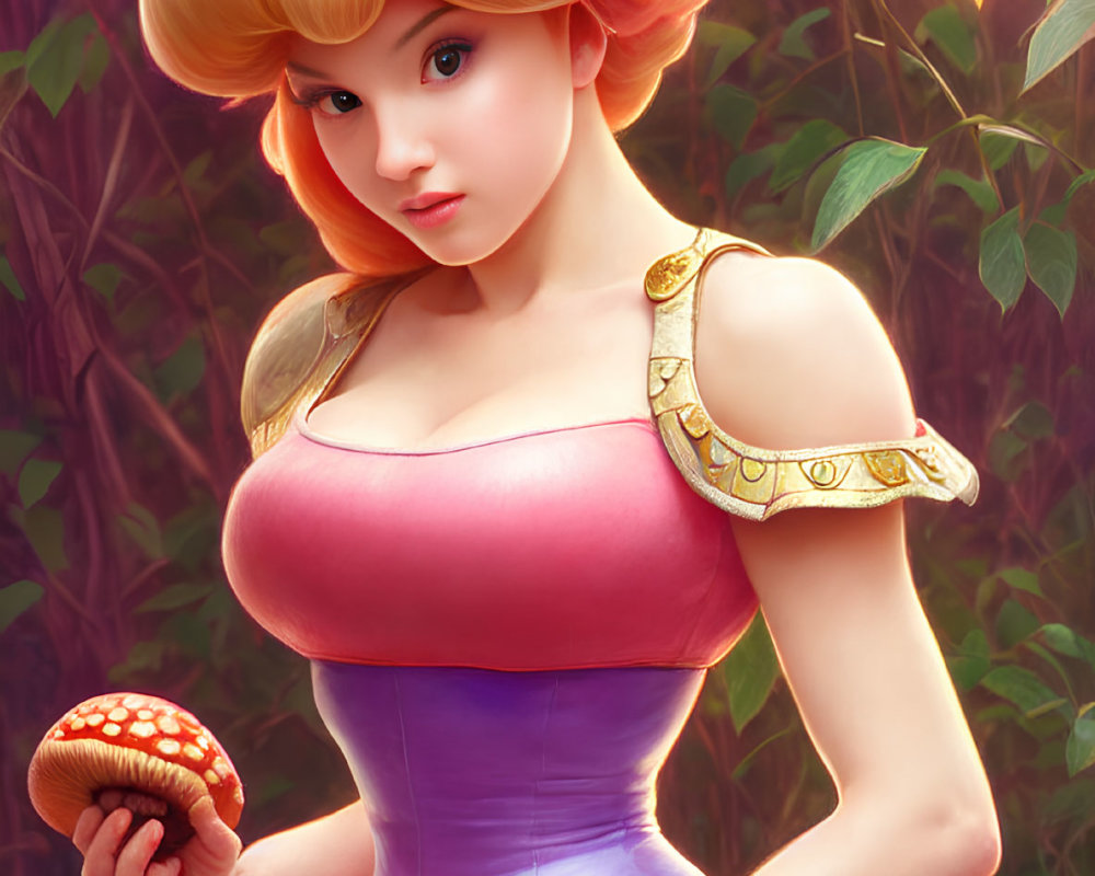 Stylized Princess Peach illustration with red mushroom, crown, and foliage.